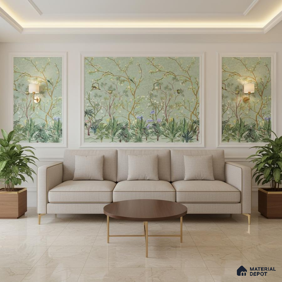 Art Deco living room with chinoiserie wallpaper, beige marble floor tiles, and neutral sofa in Bengaluru
