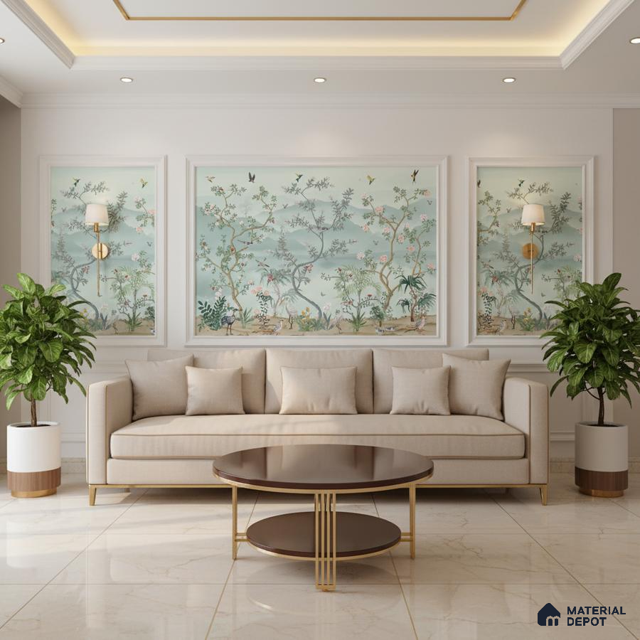 Art Deco living room with chinoiserie wallpaper, beige sofa, and marble floor tiles in Bengaluru