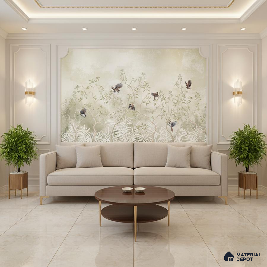 Art Deco living room with chinoiserie wallpaper, beige sofa, and polished marble floor tiles in Bengaluru