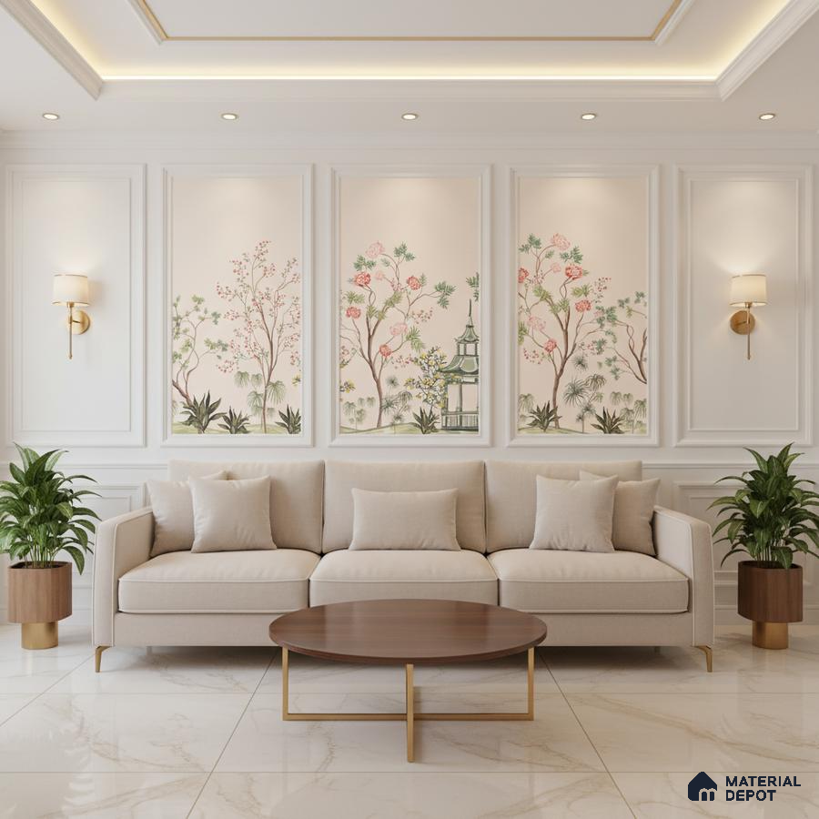Art Deco living room with chinoiserie wallpaper, marble floor tiles, and beige upholstery in Bengaluru