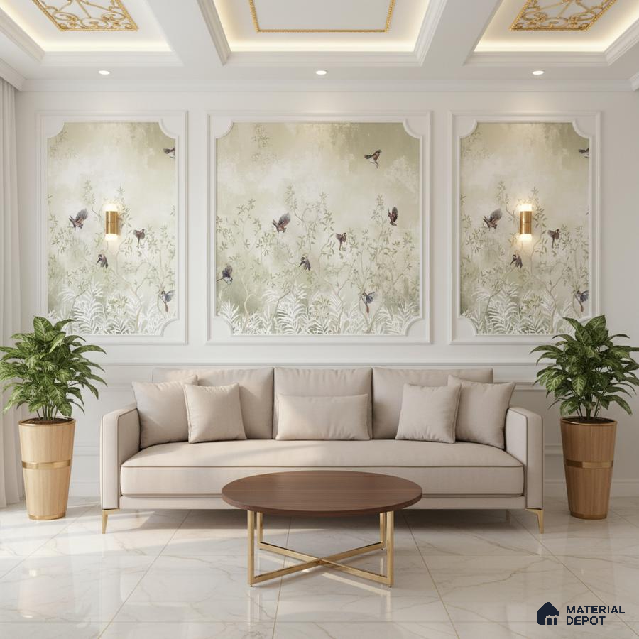 Art Deco living room with chinoiserie wallpaper, marble floor tiles, and gold accent details in Bengaluru