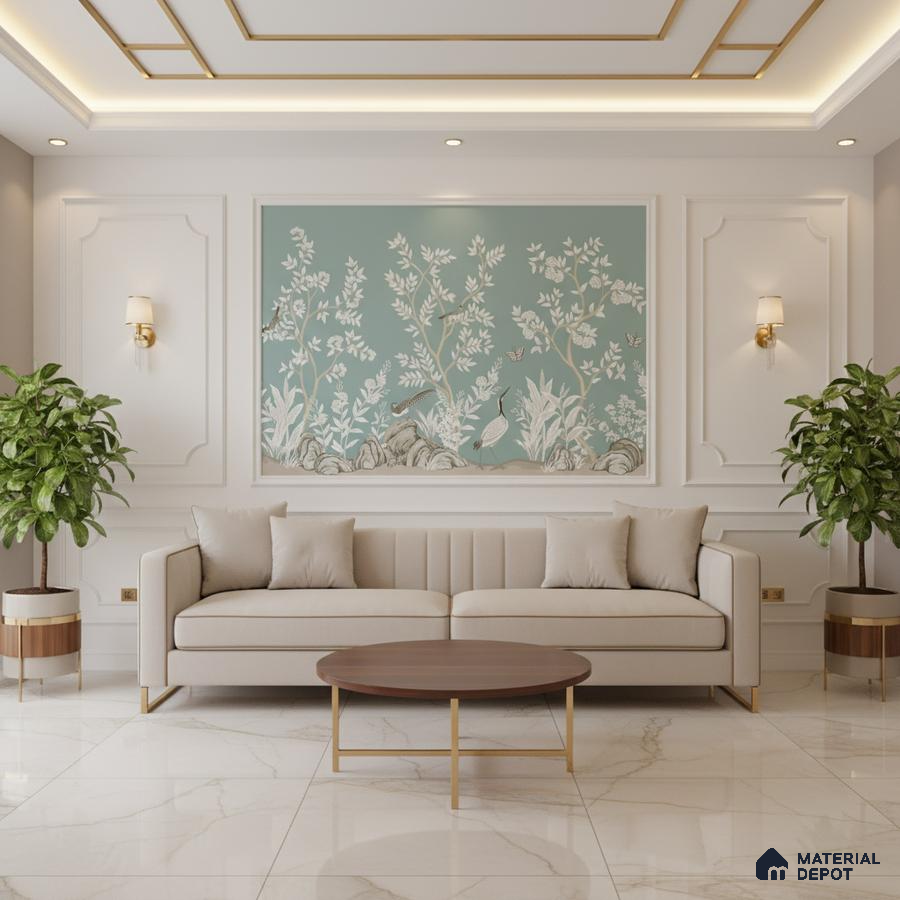 Art Deco living room with chinoiserie wallpaper, marble floor tiles, and gold accent trims in Bengaluru