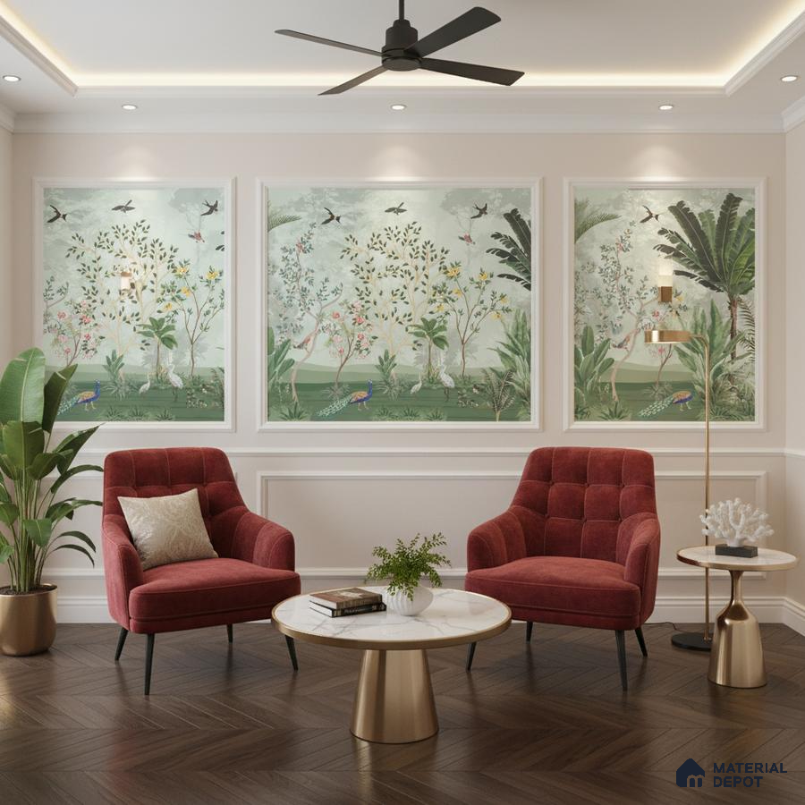 Art Deco living room with chinoiserie wallpaper, marble top tables, and herringbone wood flooring in Bengaluru