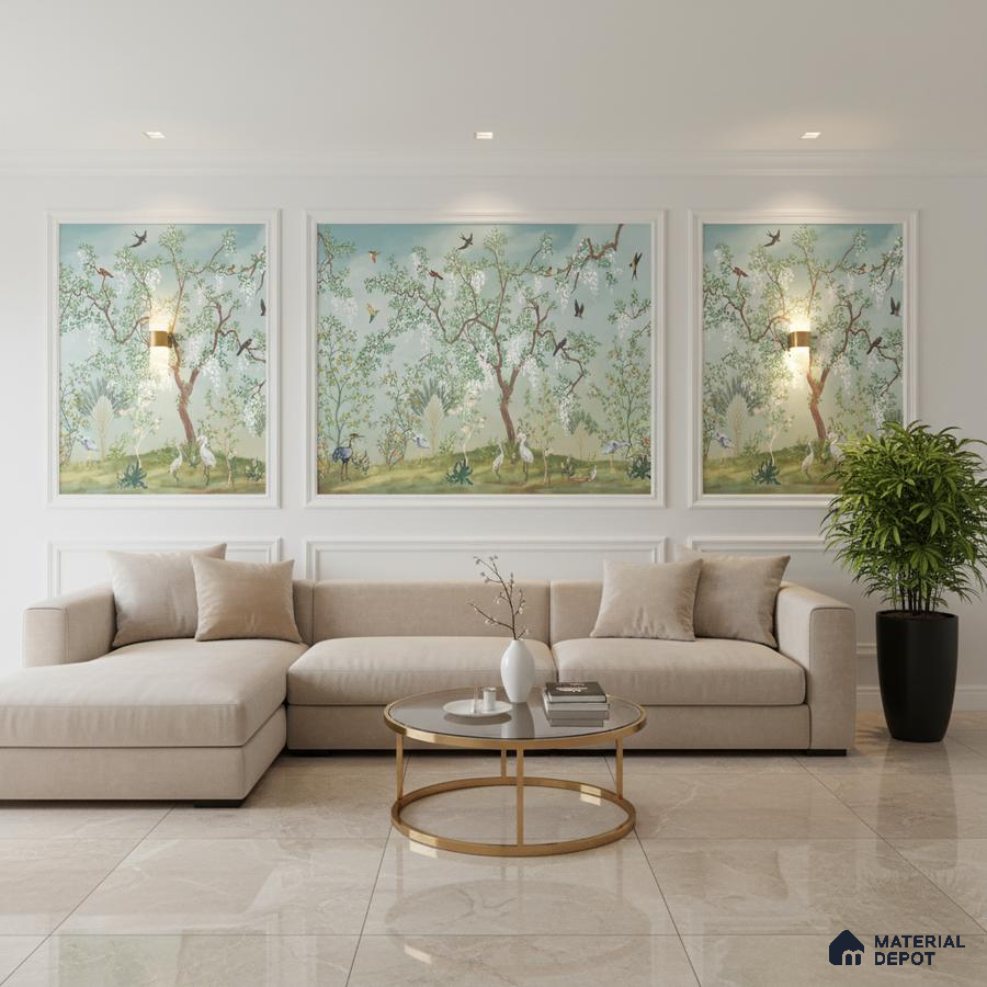 Art Deco living room with chinoiserie wallpaper panels and beige marble floor tiles in Bengaluru