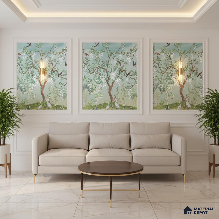 Art Deco living room with chinoiserie wallpaper panels and marble floor tiles in Bengaluru