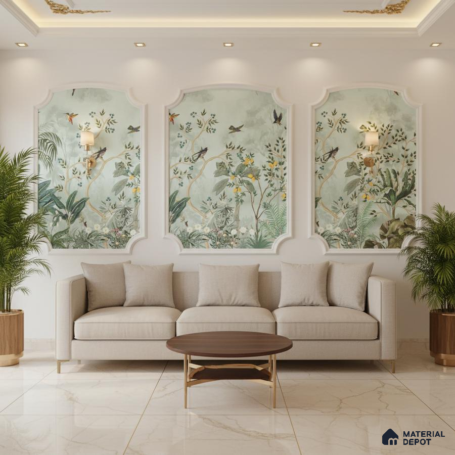 Art Deco living room with chinoiserie wallpaper panels and marble floor tiles in Bengaluru