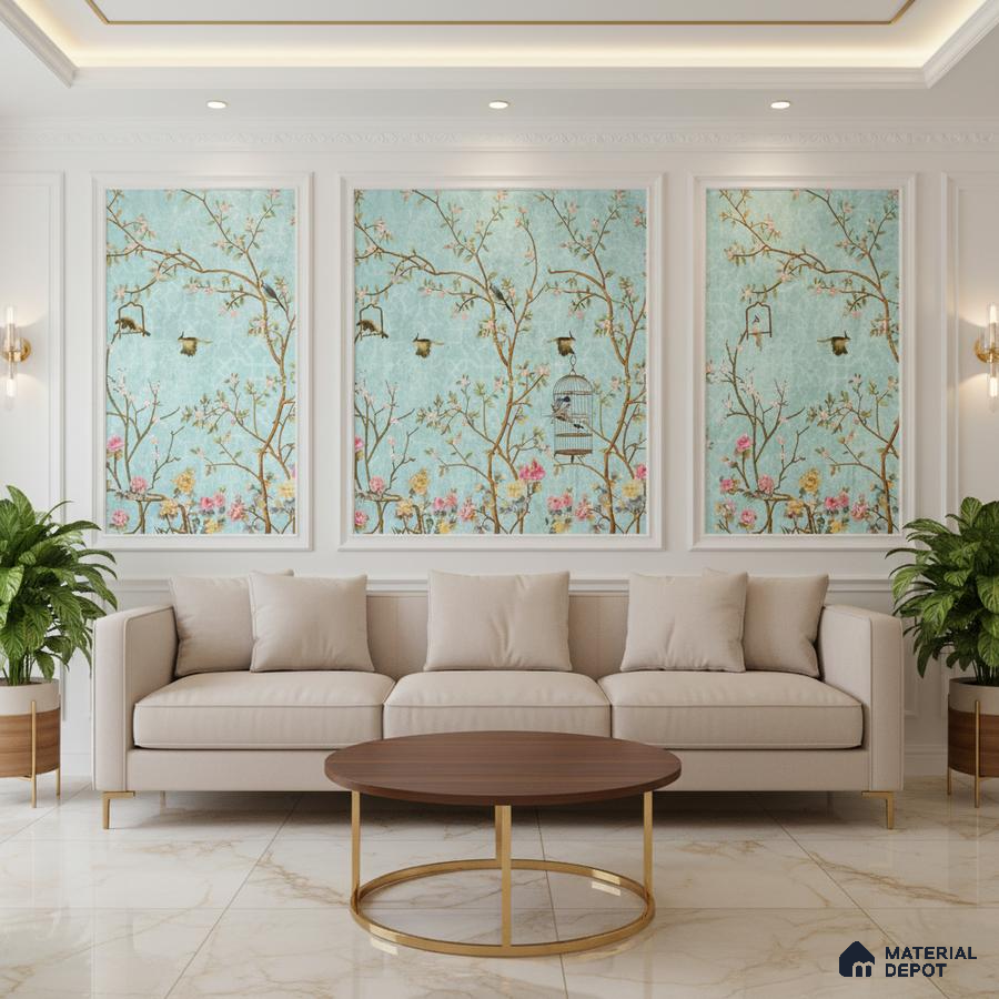 Art Deco living room with chinoiserie wallpaper panels and marble floor tiles in Bengaluru