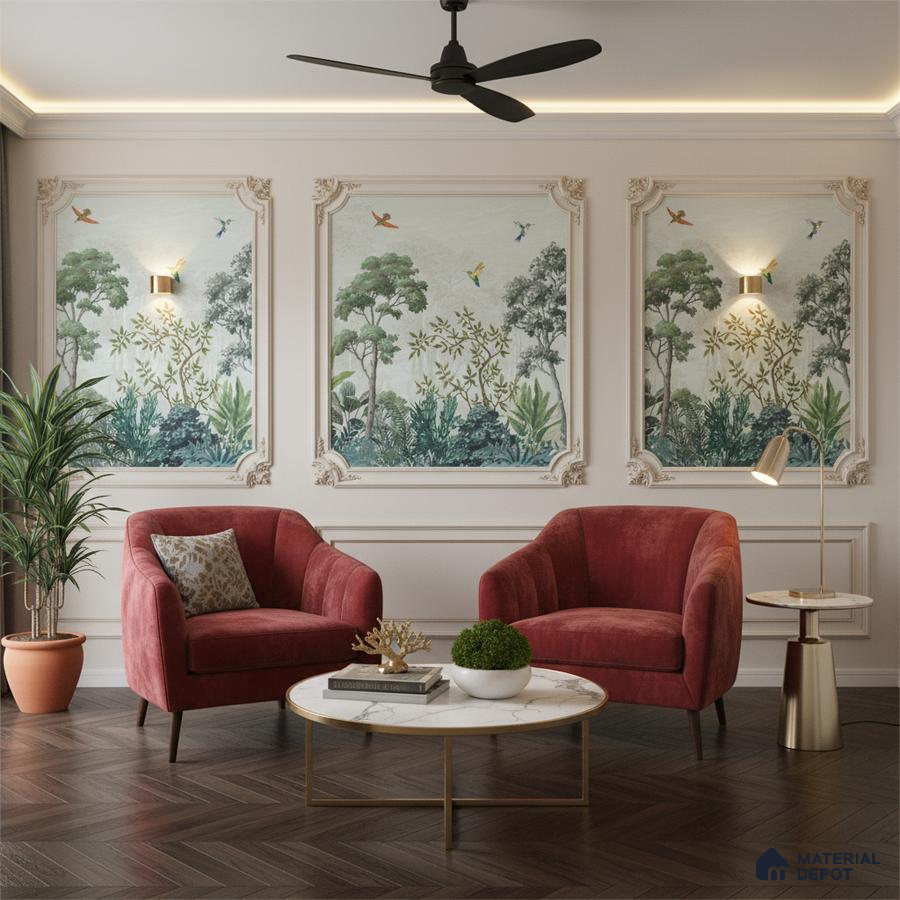 Art Deco living room with chinoiserie wallpaper panels, marble coffee table, and herringbone wood flooring in Bengaluru
