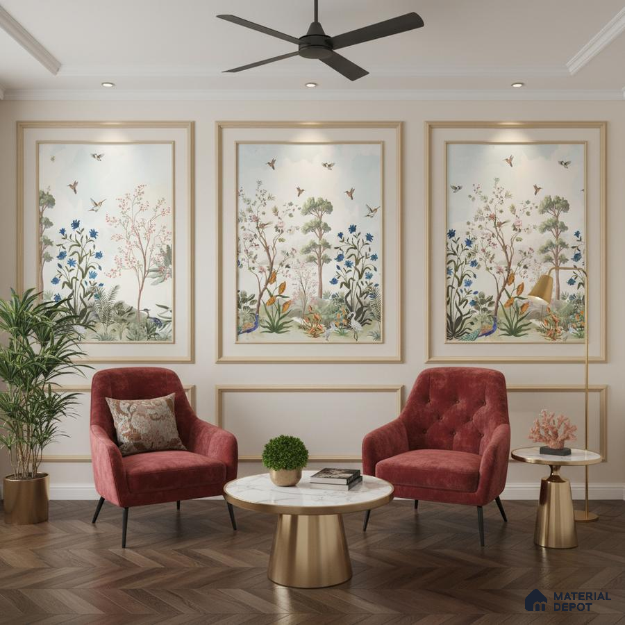 Art Deco living room with chinoiserie wallpaper panels, marble top tables, and herringbone wood flooring in Bengaluru