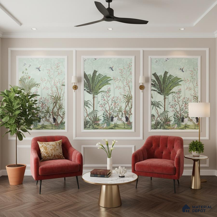 Art Deco living room with chinoiserie wallpaper, velvet chairs, and marble-topped tables in Bengaluru