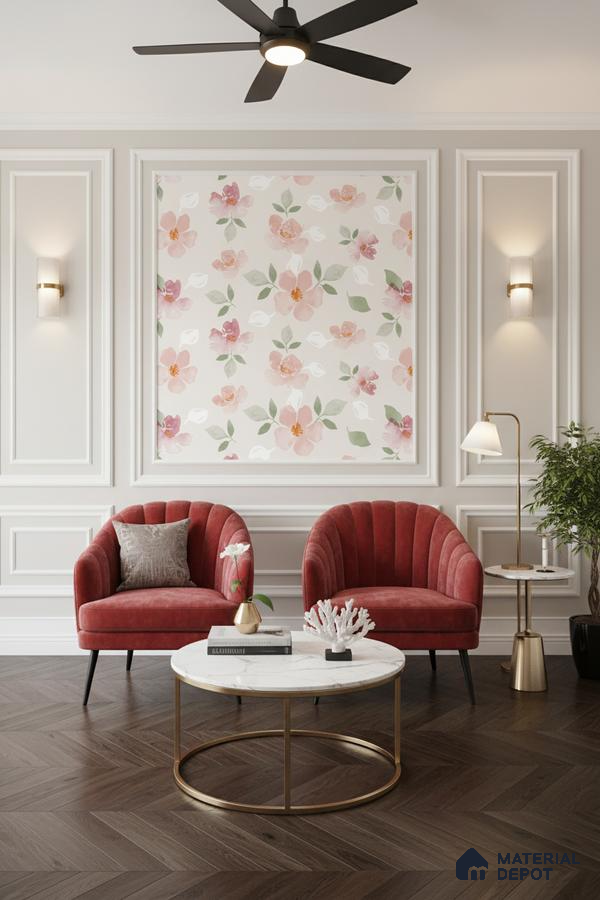 Art Deco living room with floral wallpaper, velvet upholstery, and herringbone wooden flooring in Bengaluru
