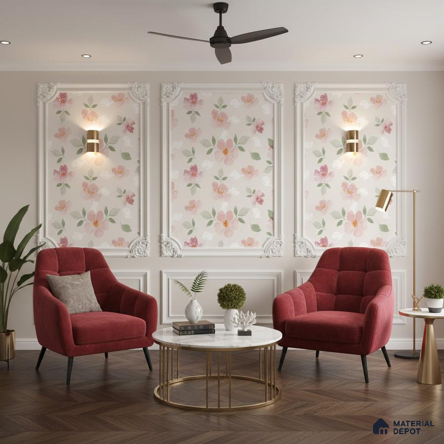 Art Deco living room with floral wallpaper, white wall moulding, and herringbone wooden flooring in Bengaluru