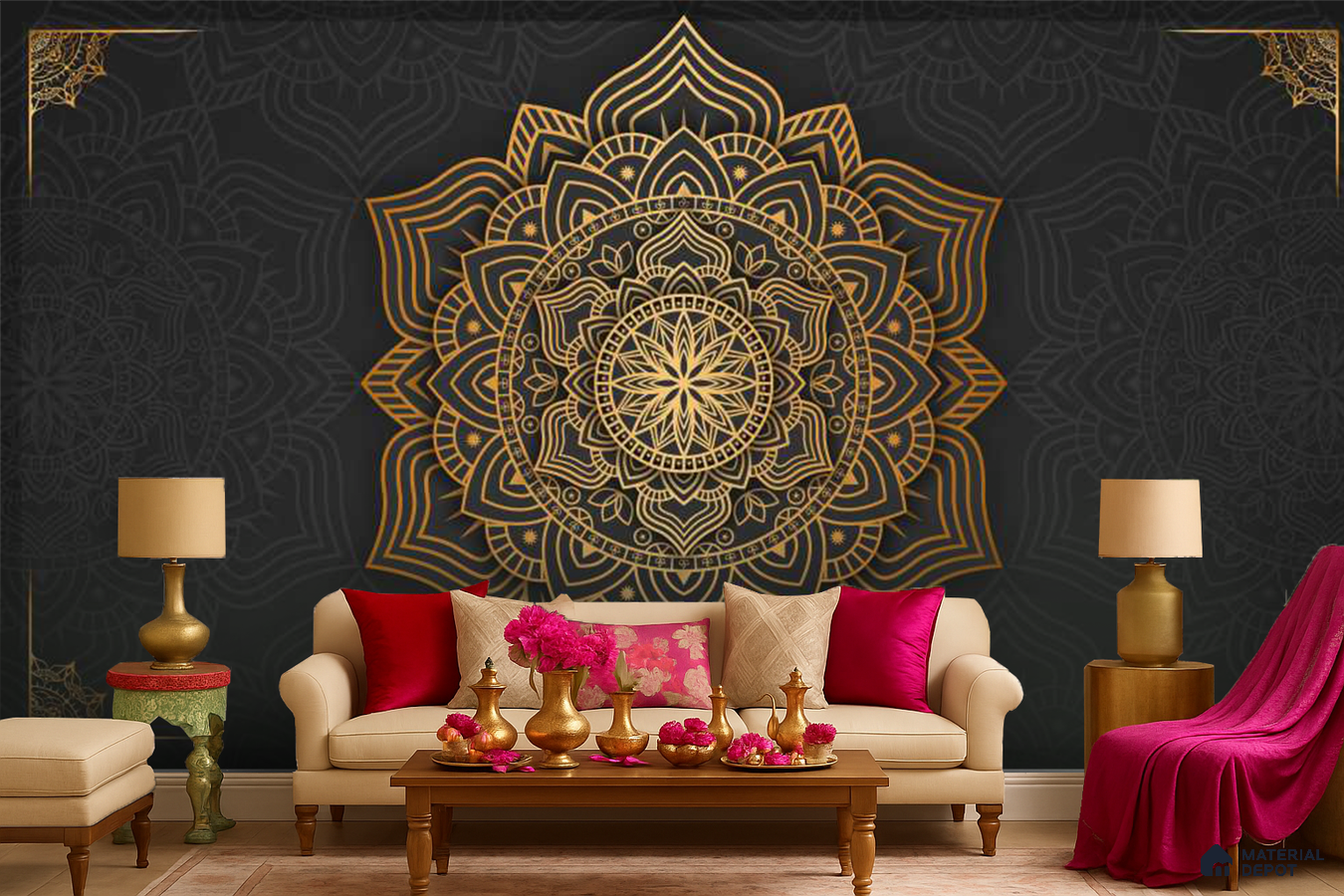 Art Deco living room with gold mandala patterned wallpaper and beige upholstered sofa in Bengaluru