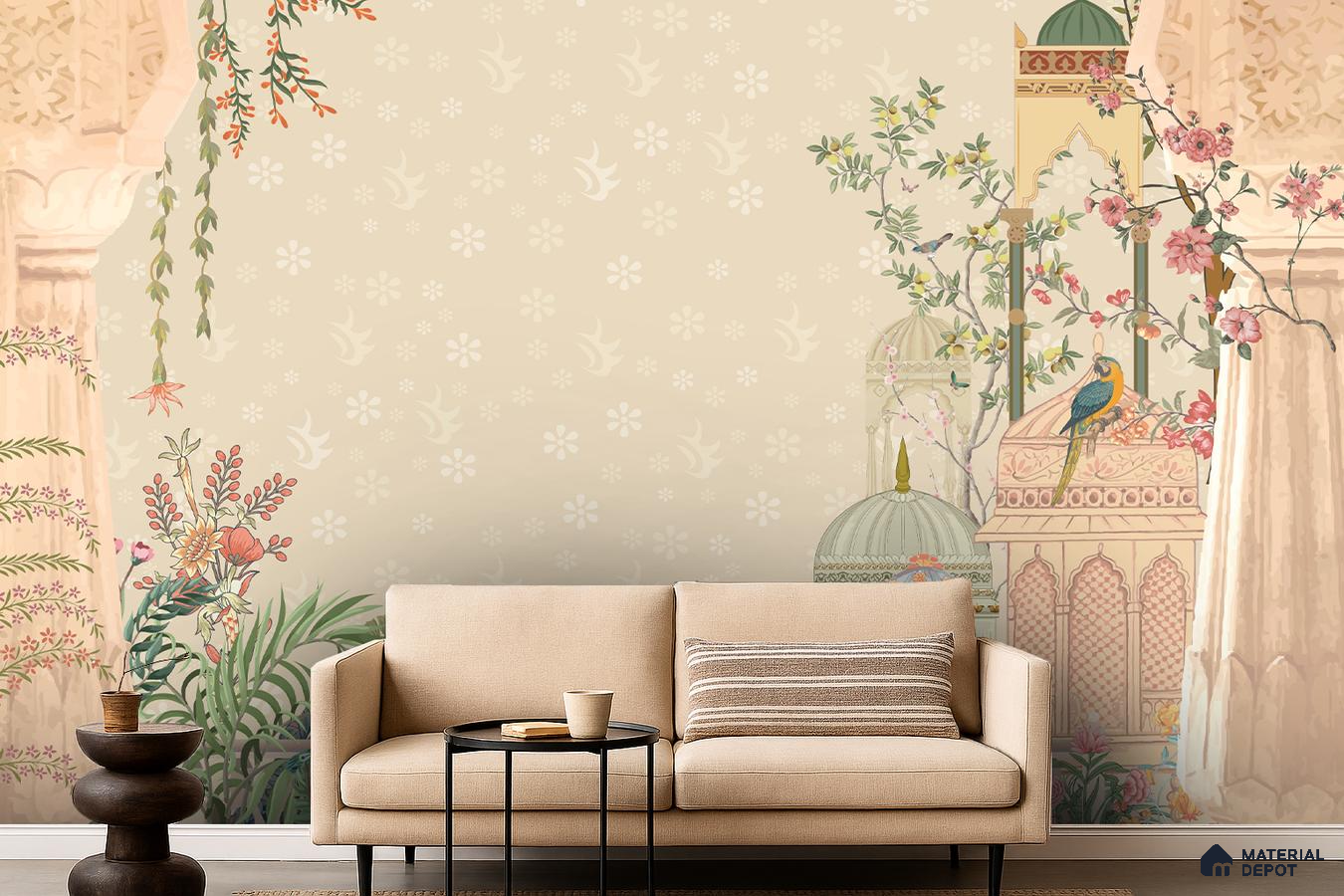 Art Deco living room with Indian mural wallpaper and beige fabric sofa in Bengaluru