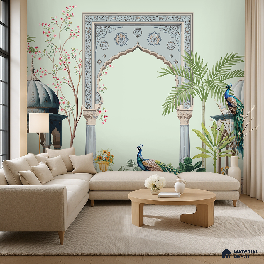 Art Deco living room with Indian mural wallpaper and beige fabric sofa in Bengaluru