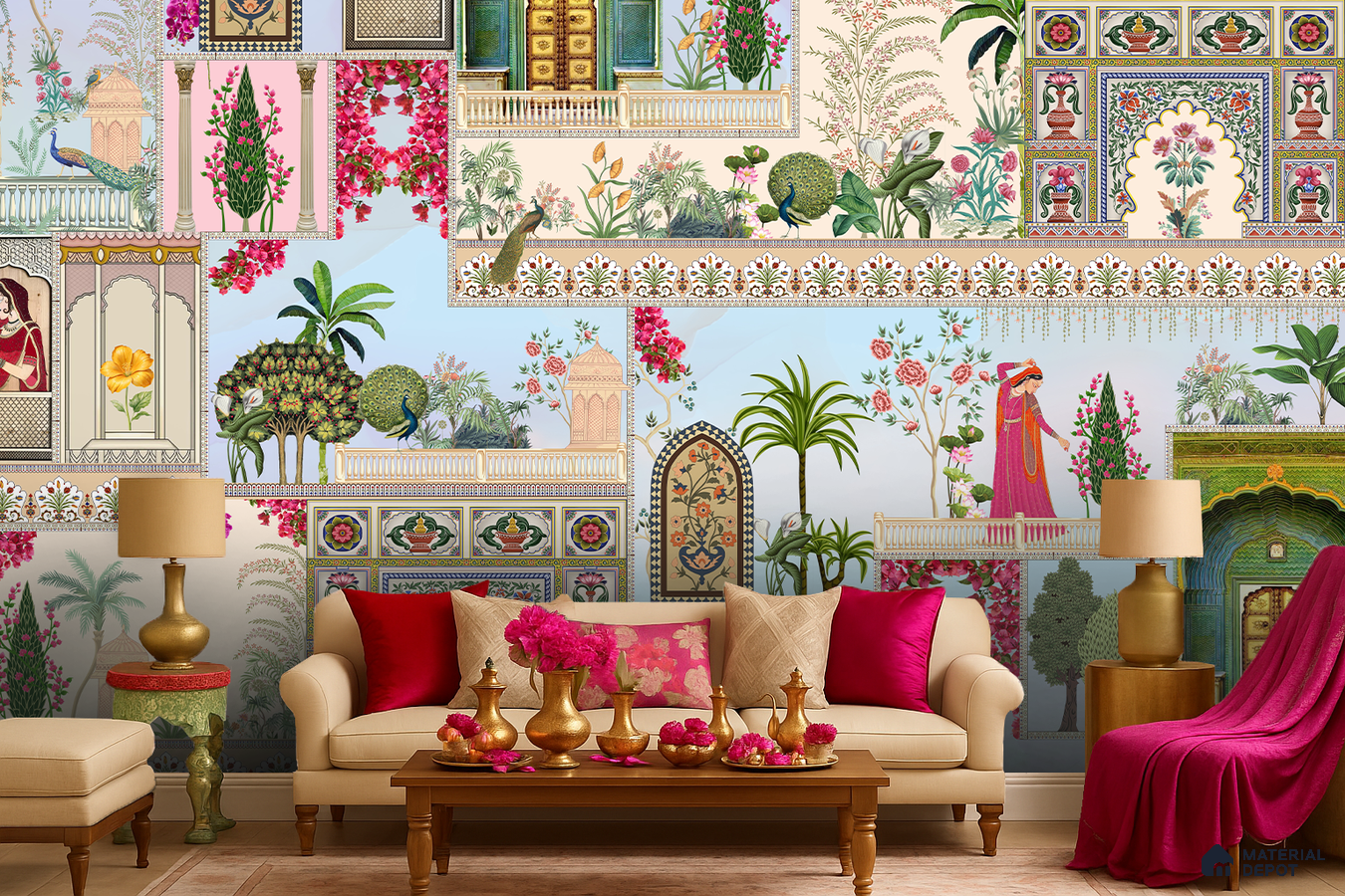 Art Deco living room with Indian mural wallpaper and beige upholstered sofas in Bengaluru
