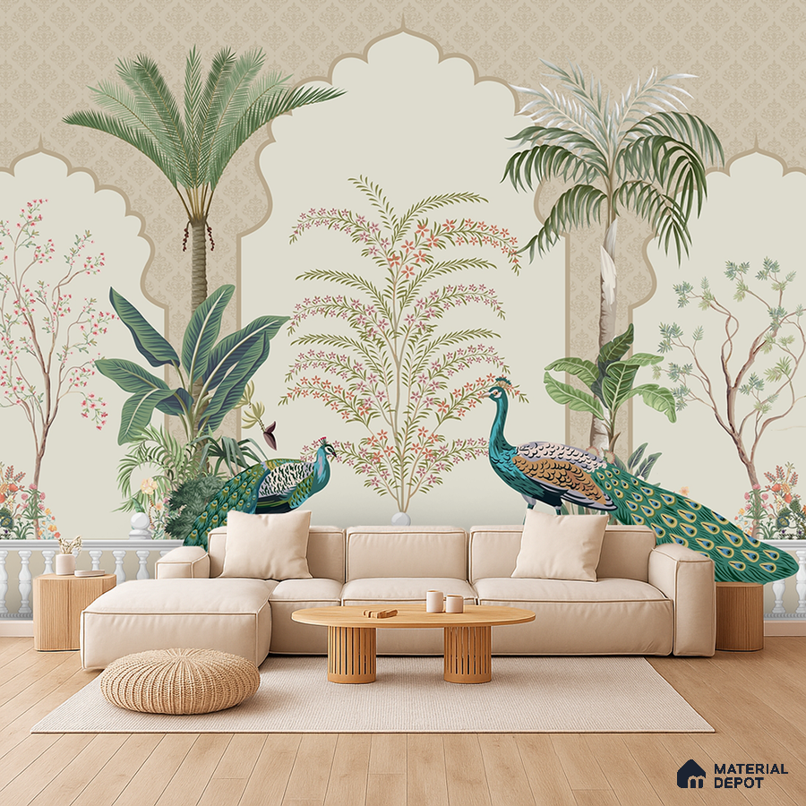 Art Deco living room with Indian mural wallpaper, beige sofa, and light wood flooring in Bengaluru