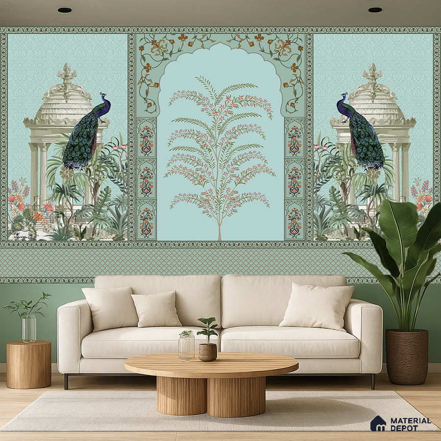 Art Deco living room with Indian pichwai wallpaper and light wood coffee table in Bengaluru