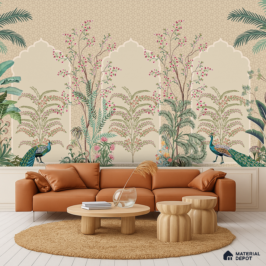 Art Deco living room with Indian pichwai wallpaper, tan leather sofa, and light wood coffee table in Bengaluru
