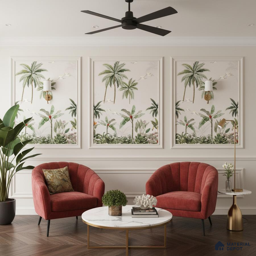 Art Deco living room with tropical wallpaper panels, velvet chairs, and marble coffee table in Bengaluru