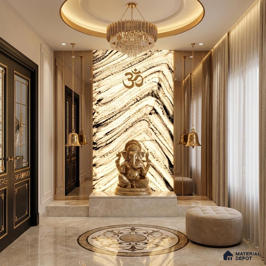 Art Deco pooja room with backlit marble accent wall and beige marble flooring