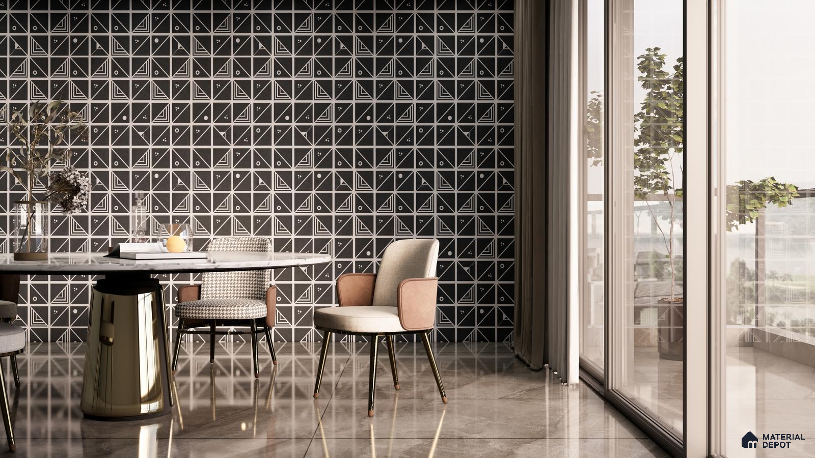 Art Deco-Inspired Dining Room with Monochrome Geometric Tile Wall | Material Depot