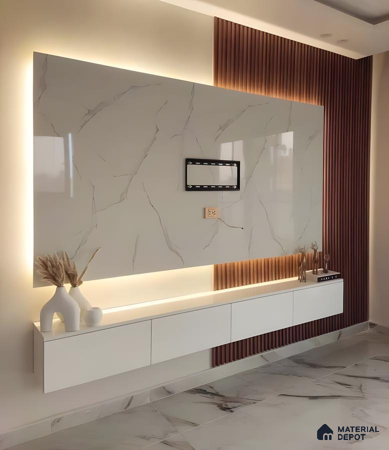 Backlit Marble-Style Tv Panel With White Gloss Cabinet And Vertical Fluted Accents | Material Depot