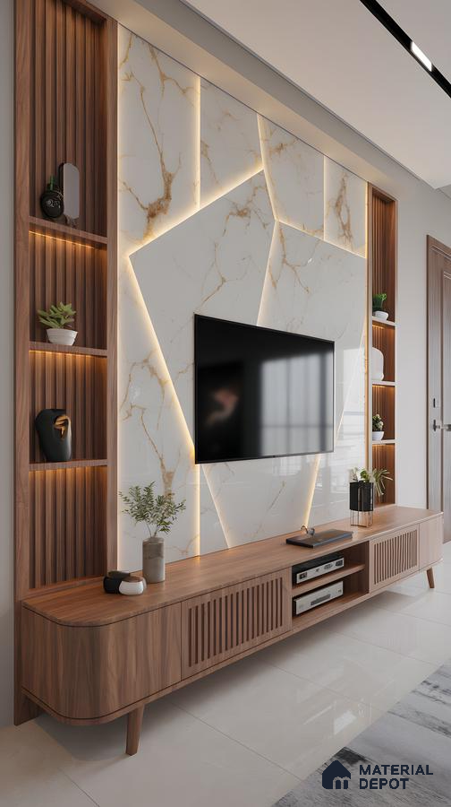 Backlit Marble Tv Panel With Walnut Fluted Cabinets And Side Shelf Niche | Material Depot