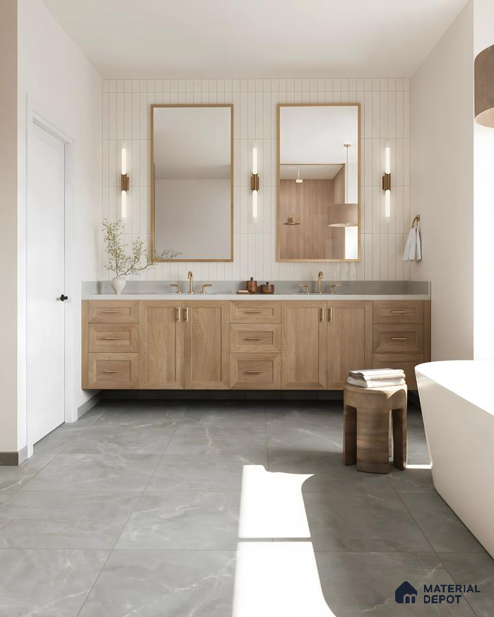 Bathroom Design with Double Vanity Subway Tile and Marble Floor Accents Purva Blubelle Magadi Road | Material Depot