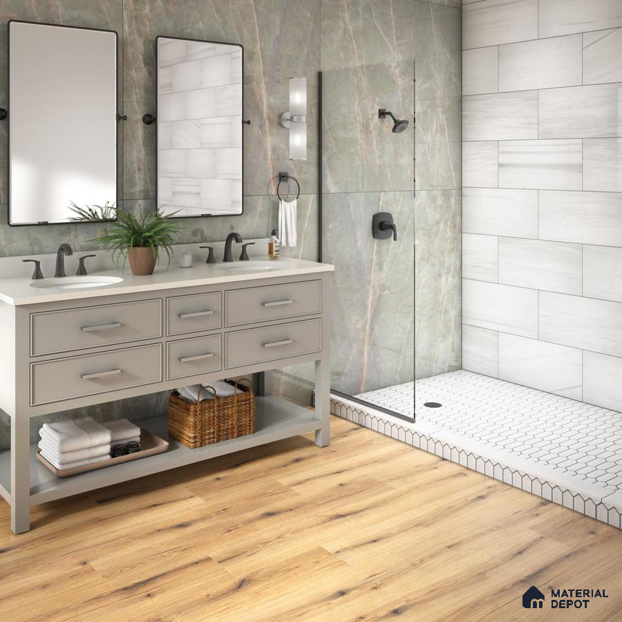 Bathroom with stone tiles and wooden floor