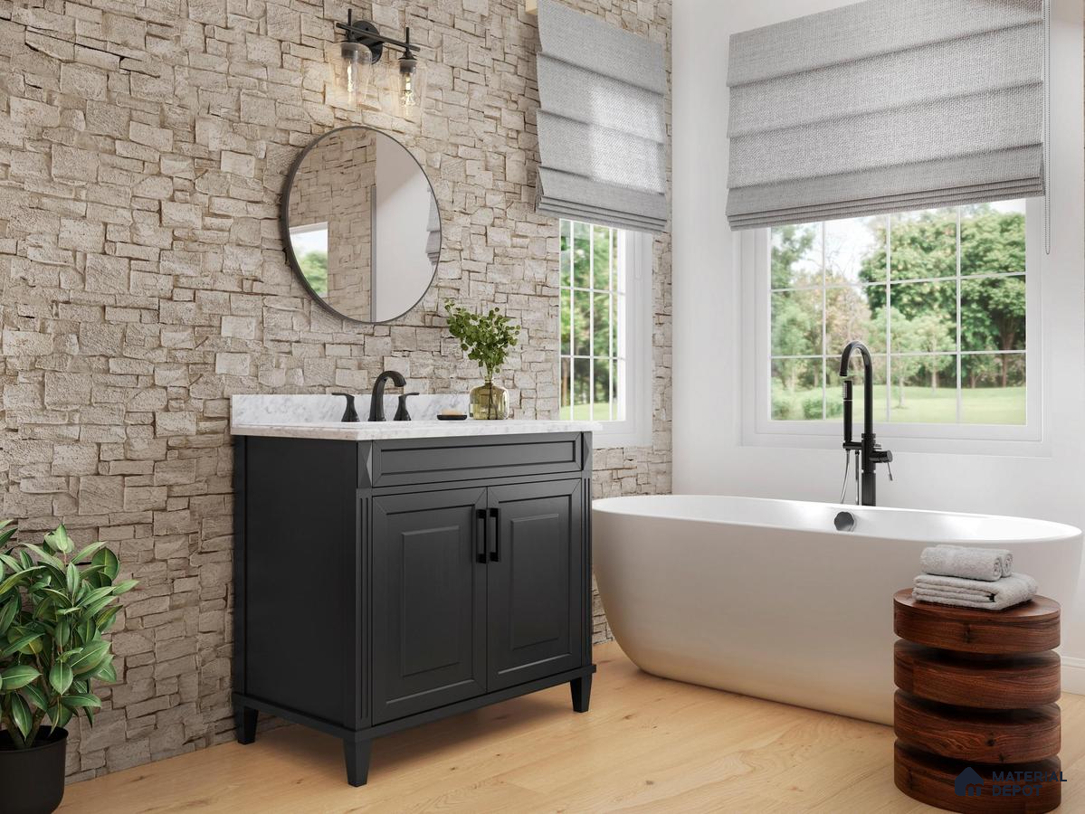 Bathroom with stone tile and wooden floor