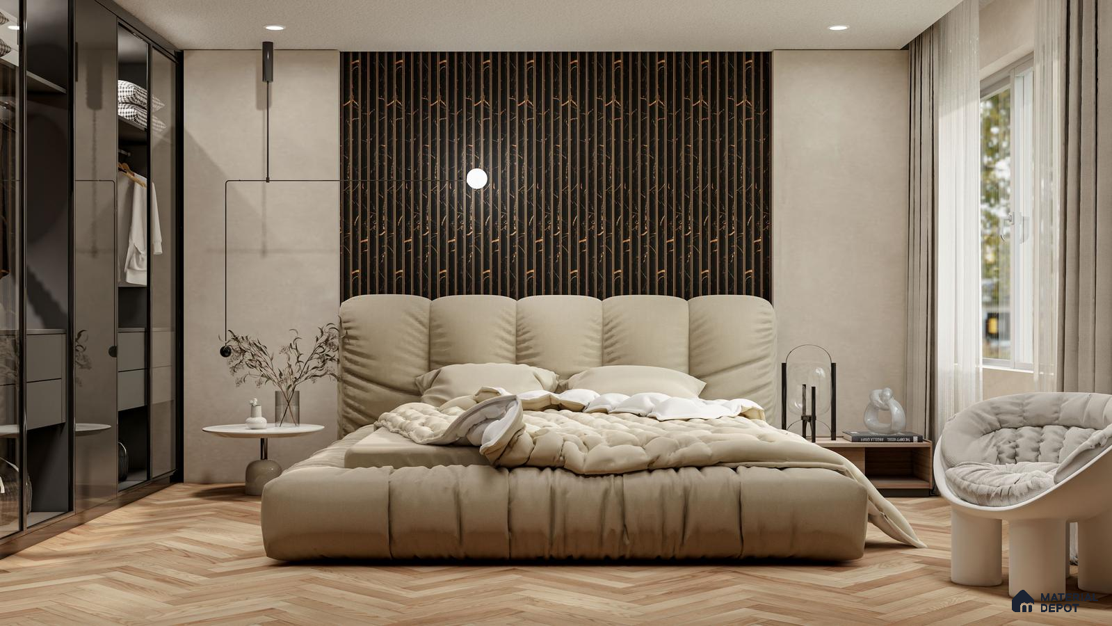 Beige Bedroom with Black & Gold Spotted Fluted Panels and Cozy Upholstery | Material Depot