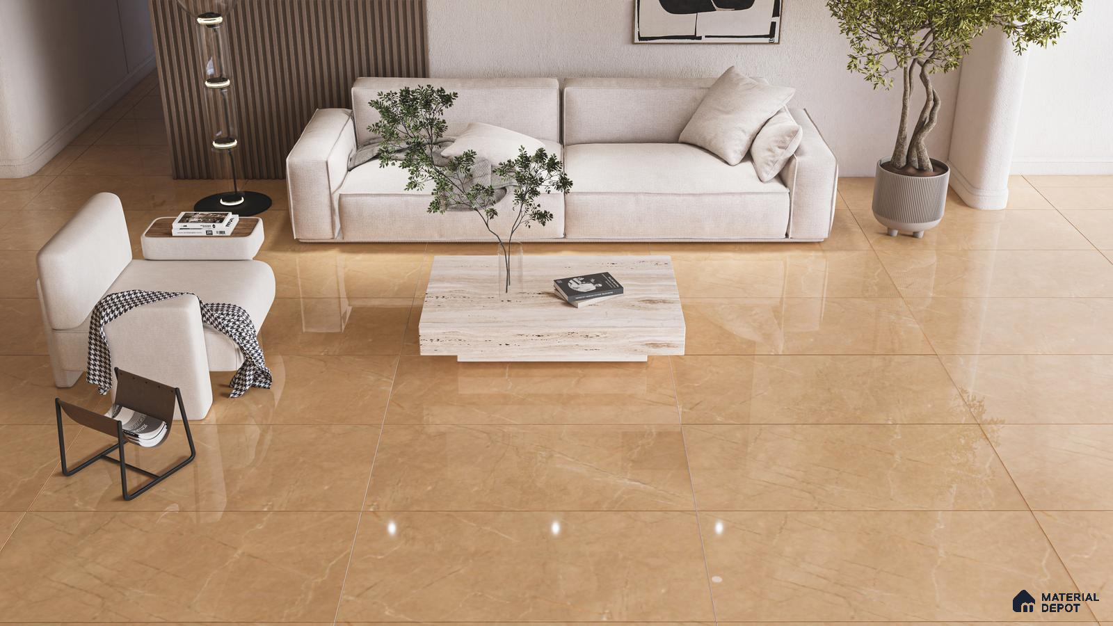 Beige Glossy Marble Tiles for an Elegant and Spacious Living Room | Material Depot