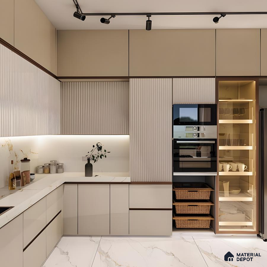 Beige Kitchen With Fluted Details, Marble Surfaces, And Warm Lighting Highlights | Material Depot