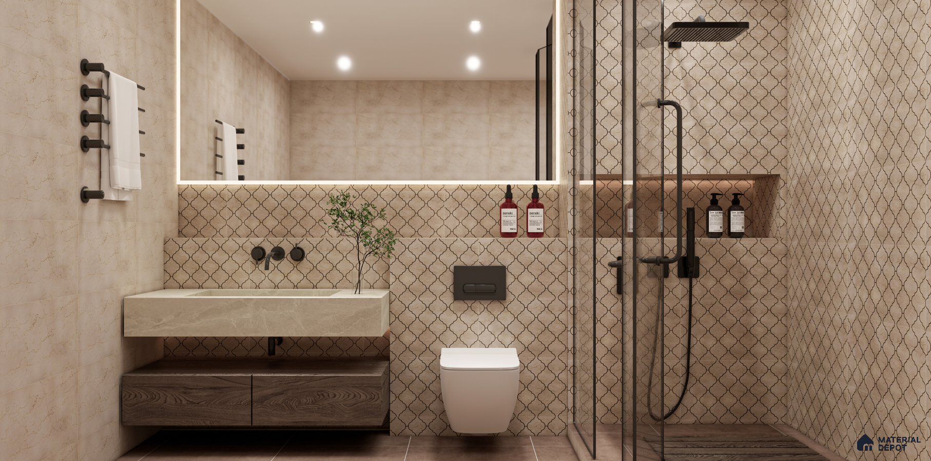 Beige Moroccan Tile Bathroom with Minimalist Vanity | Material Depot