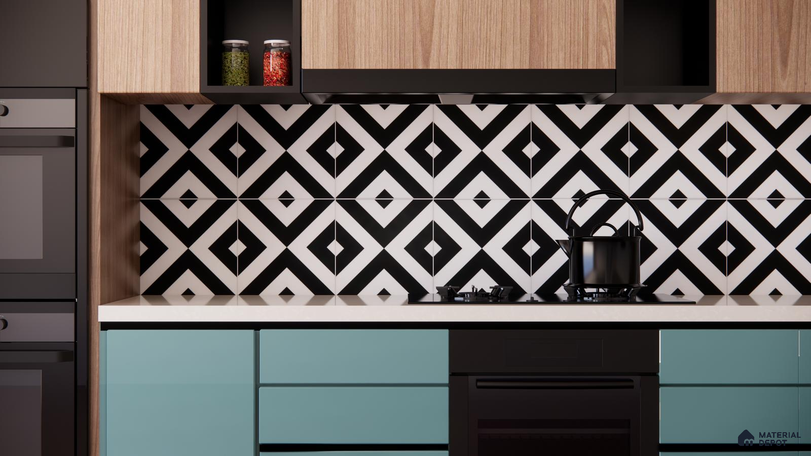 Black & White Diamond Pattern Kitchen Backsplash with Aqua Drawer Fronts | Material Depot