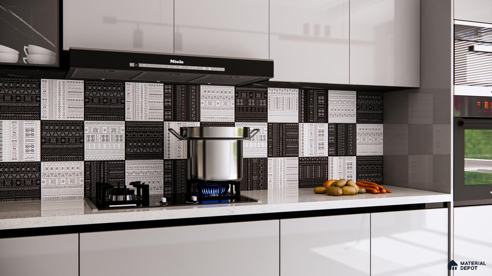 Black and White Ethnic Pattern Kitchen Backsplash Tiles | Material Depot