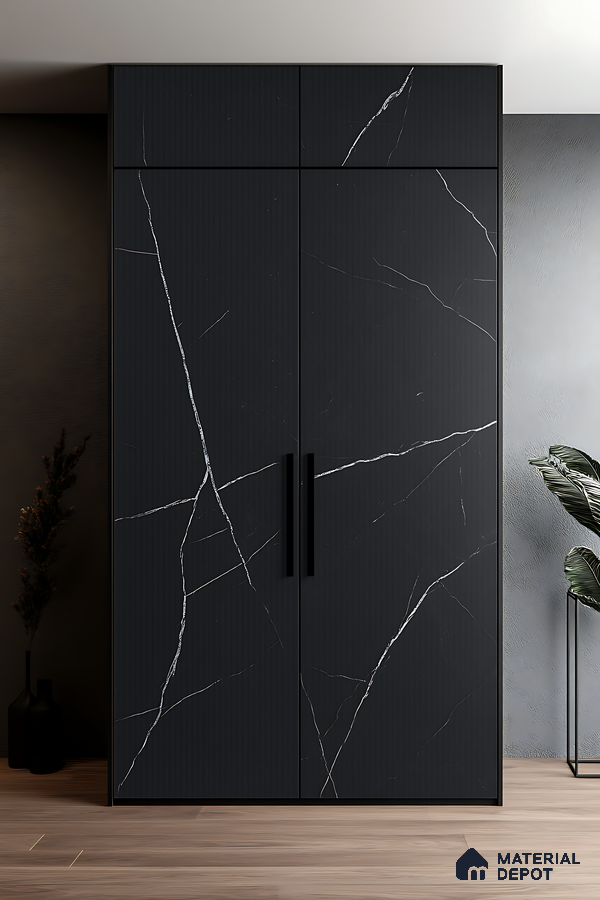 Modern Floor-to-Ceiling Black Marble Wardrobe with Vertical Grain Texture | Material Depot