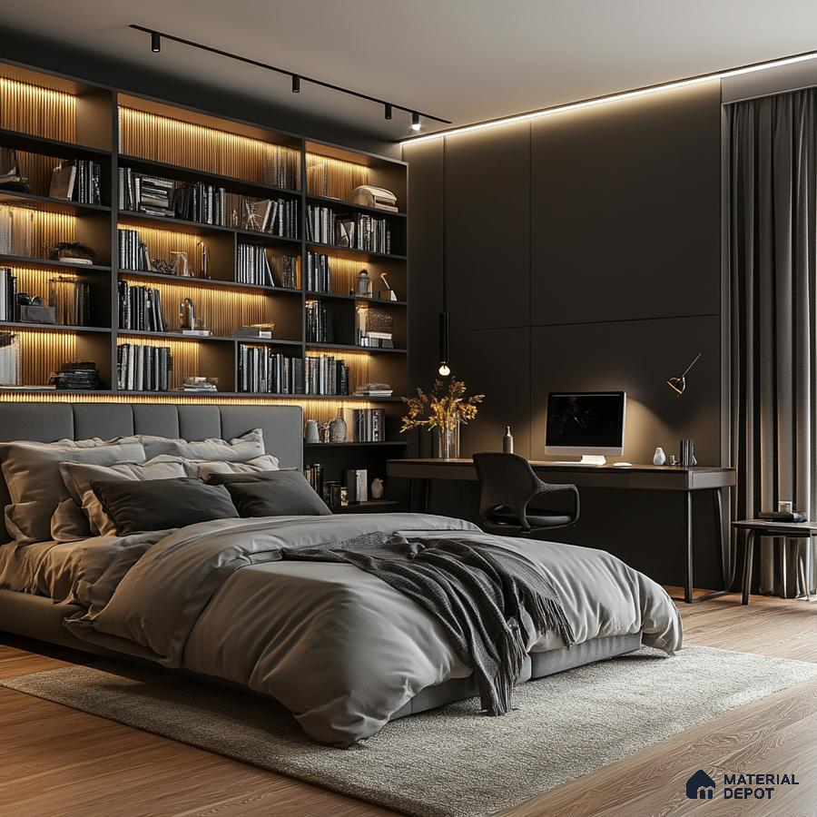 Black Sophisticated and Functional Bedroom Design with Home Office Sobha Dream Acres Panathur | Material Depot