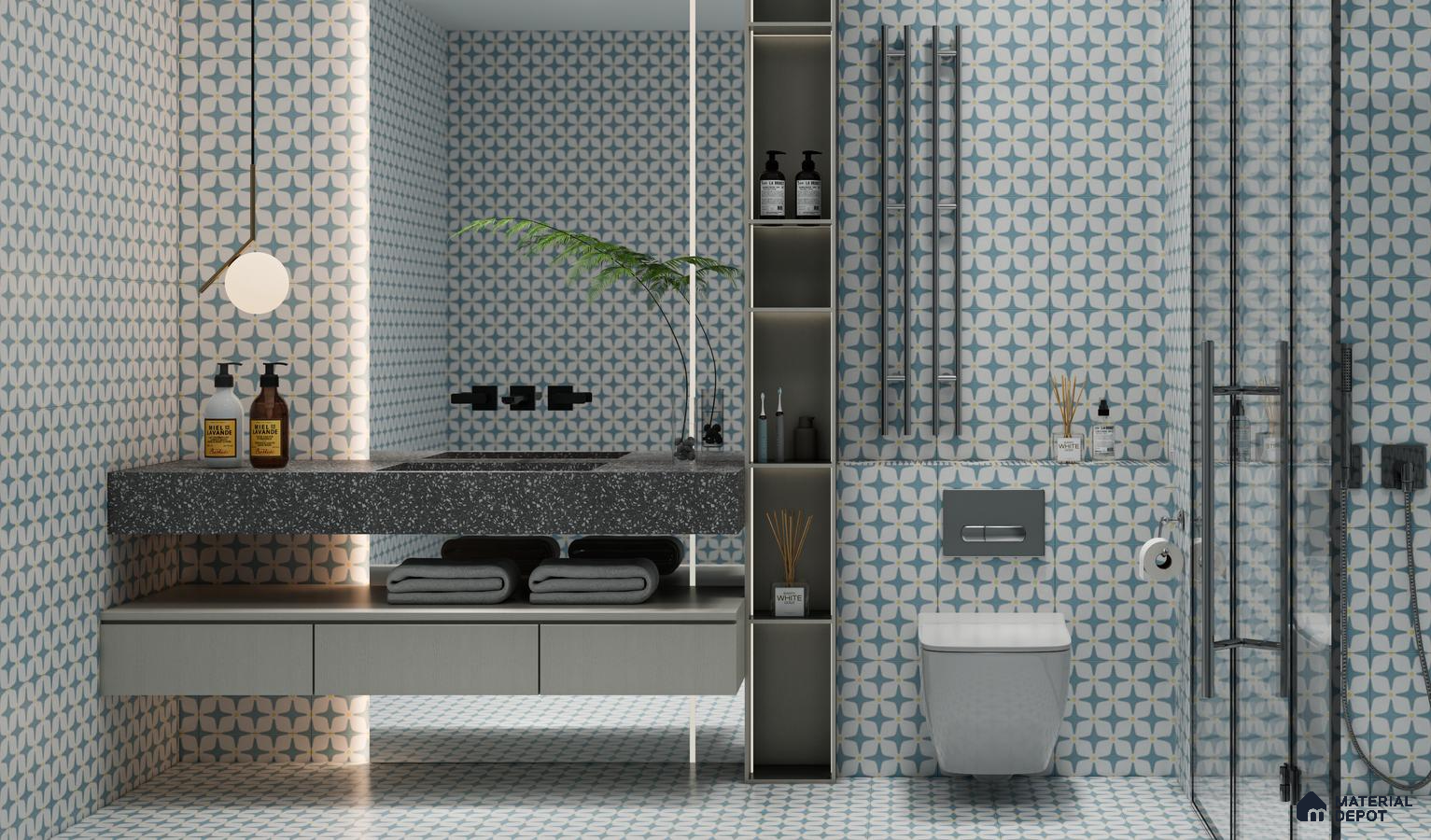 Blue and White Moroccan-Inspired Bathroom with Patterned Tiles | Material Depot