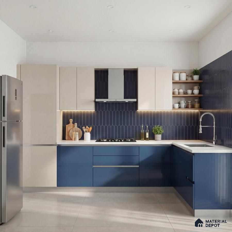 Modern dual tone kitchen with blue and frosty white laminate, white quartz countertop, and navy blue kitkat backsplash tile