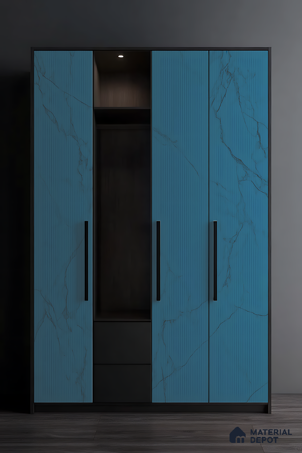 Modern Blue Marble Wardrobe with Fluted Finish and Black Open Niche | Material Depot