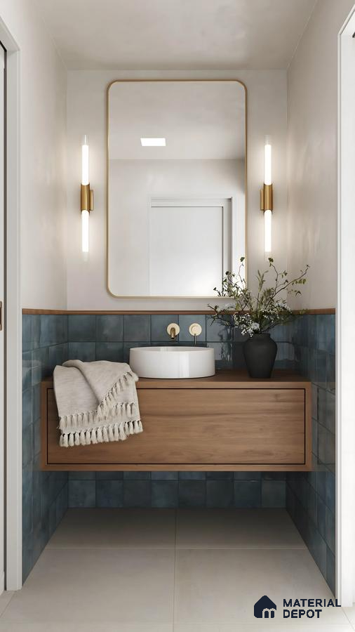 Blue Square Tile with Float Vanity and Grey floor tiles Prestige Park Grove Whitefield | Material Depot