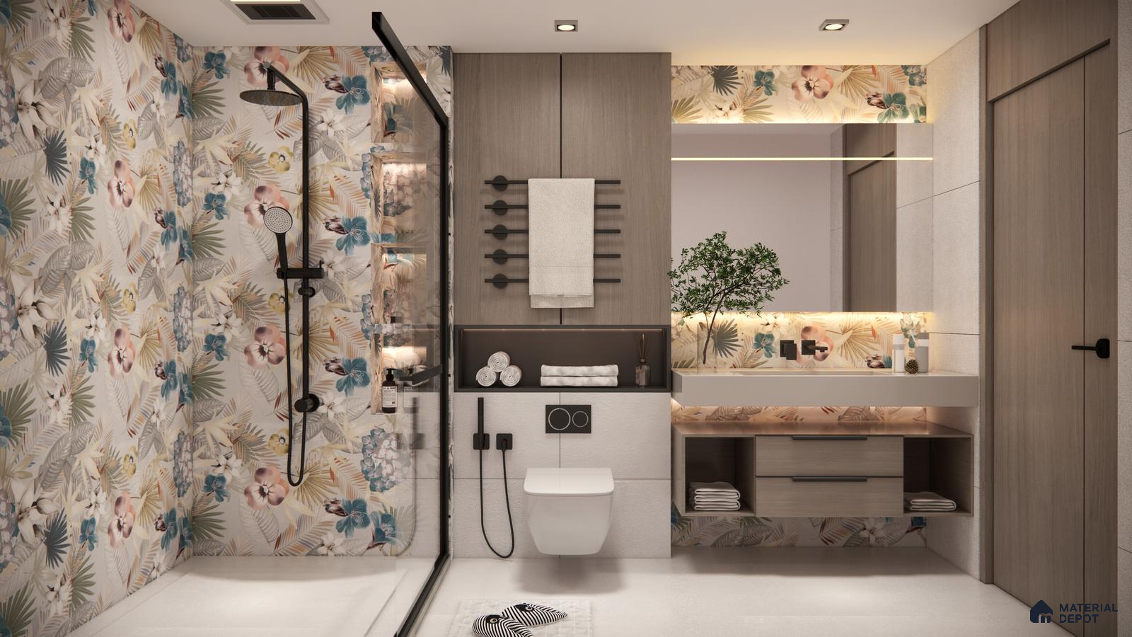 Tropical Floral Bathroom with Soft Pastel Accents and Modern Features | Material Depot