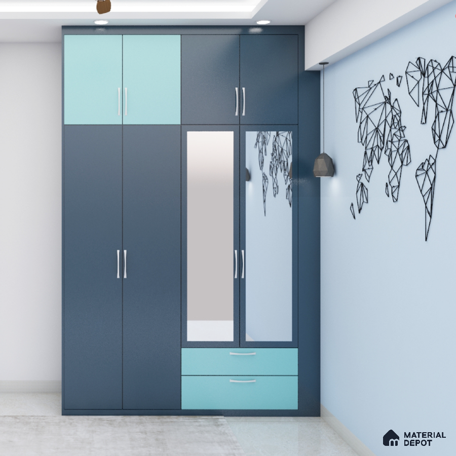 Blue hinged wardrobe with mirror