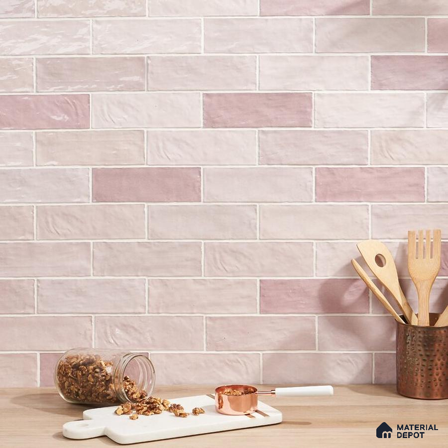 Blush Elegance Pink Horizon Tiles and Wooden Accents in Kitchen | Material Depot