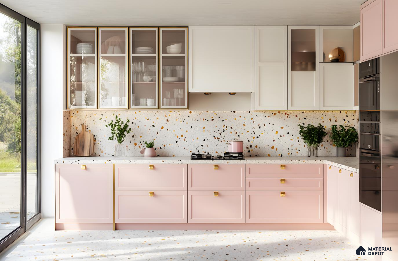 Blush Pink And White Kitchen With Terrazzo Backsplash And Brass Accents | Material Depot