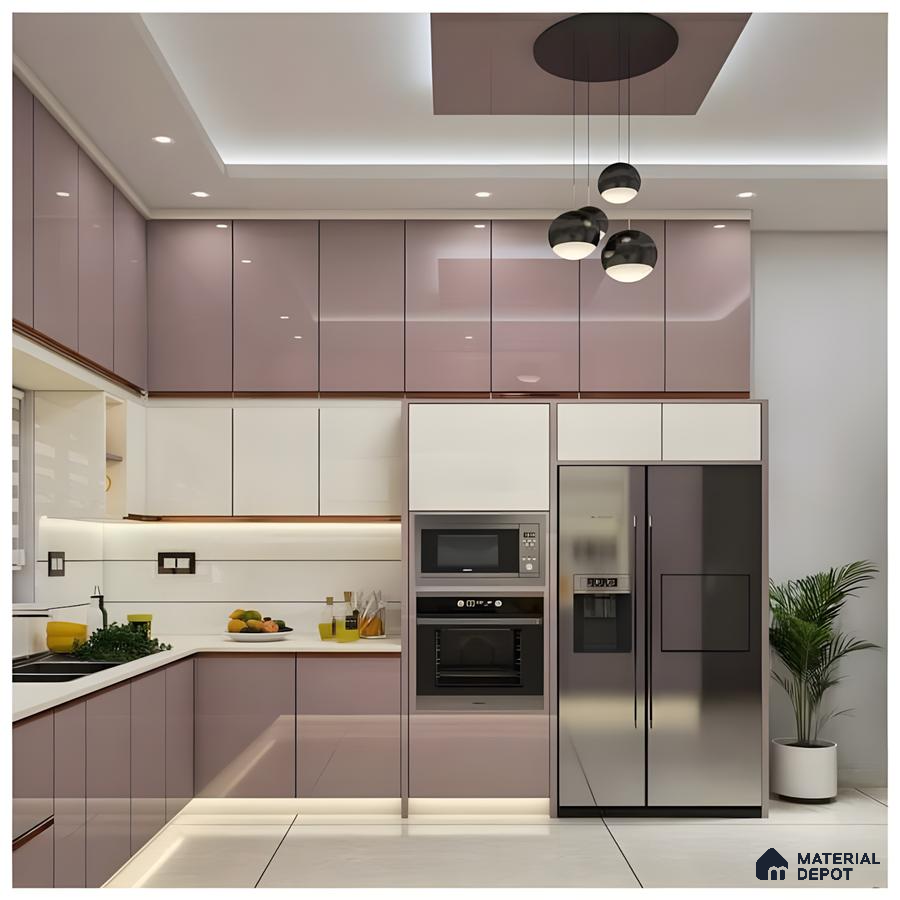 Blush Pink And White Modular Kitchen With High Gloss Finish And Built-In Appliances | Material Depot