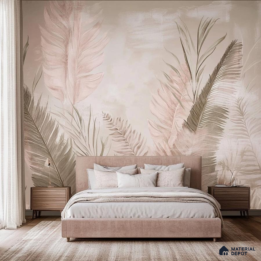 Blush Pink Botanical Mural in Elegant Bedroom | Material Depot