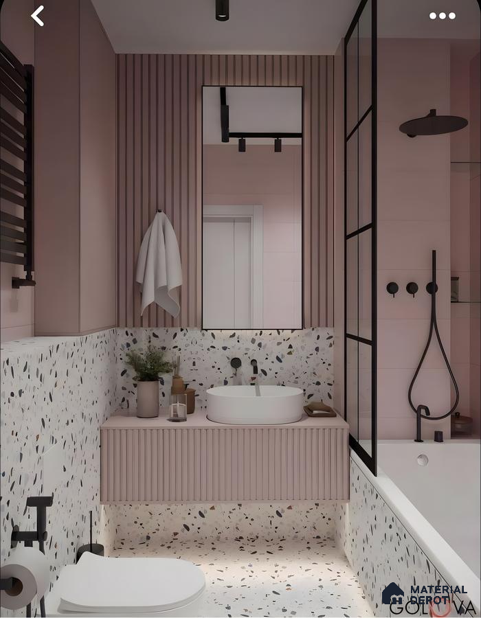 Blush Terrazzo Bathroom With Fluted Vanity And Black Fixtures | Material Depot
